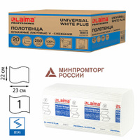 Полотенца бумажные 250 шт. LAIMA H3 UNIVERSAL WHITE PLUS 1-слойные белые Комплект 20 пачек 23х22 V-сложение 111