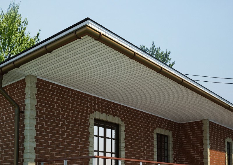 Коричневая крыша с белой подшивкой. Цоколь софит. Белые софиты на коричневой крыше. Цоколь из профлиста 20. Панель «евробрус» пе 210.