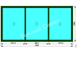 Окно трехстворчатое, слайдинг-90 3000x1500 мм, алюминиевый профиль