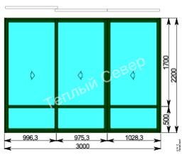 Окно трехстворчатое, слайдинг-60" 3000x2200 мм, алюминиевый профиль