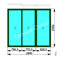 Окно трехстворчатое,слайдинг -60 2400x2100 мм, алюминиевый профиль