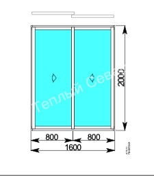 Окно двухстворчатое 1600x2000 мм, слайдинг-60 алюм. профиль