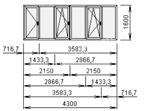 Окно ПВХ Veka 58 1600х4300 мм, 6 створок