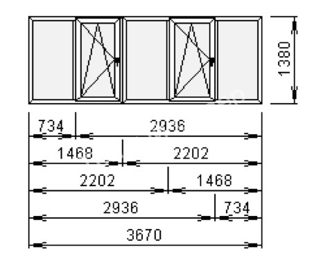 Окно ПВХ Melke 60 3670х1380 мм, 5 створок