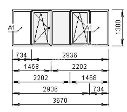 Окно ПВХ Veka 70 3670х1380 телпое, 5 створок