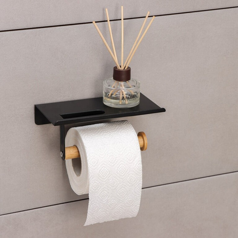 Держатель для туалетной бумаги с полочкой bamboo, 18×9,7×7,5 см, цвет черный Stölz