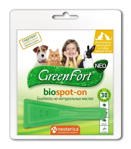 GreenFort neo БиоКапли от блох и клещей для кошек и собак до 10 кг (1 пипетка)