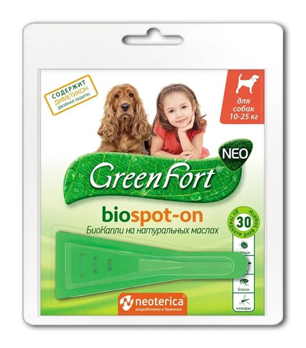 GreenFort neo БиоКапли от блох и клещей для собак 10-25 кг (1 пипетка)