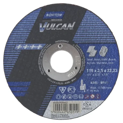 Диск отрезной по стали и нержавеющей стали тип 41 Norton Vulcan 115x22.2x2.5 мм NORTON VULCAN 66253371203